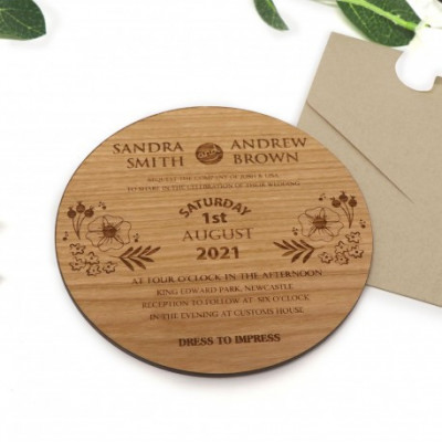 Large Round Engraved Cherry Timber 4mm Thick Wedding Invitations with Magnets Profile Picture