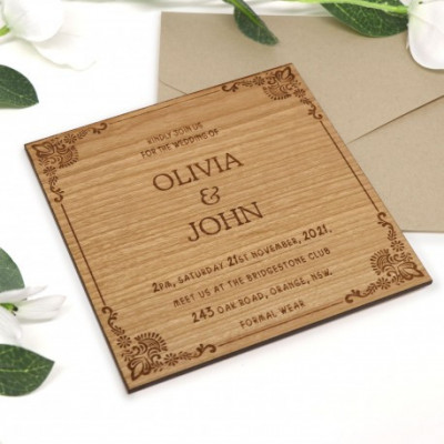 Large Square Engraved Cherry Timber Wedding Invitations with Magnets Profile Picture