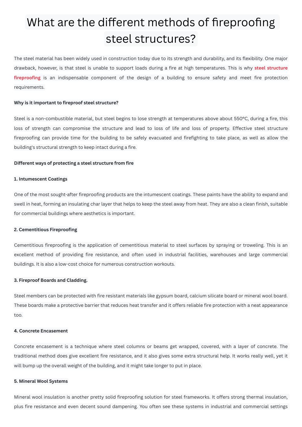 What are the different methods of fireproofing steel structures?